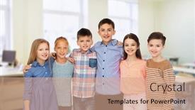  Presentation with friendship school - Presentation theme with education school friendship and people concept - happy smiling students hugging over classroom background background and a coral colored foreground