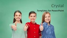  Presentation with friendship school - PPT theme featuring education school friendship gesture and people concept - happy smiling children showing thumbs up over green chalk board background background and a seafoam green colored foreground