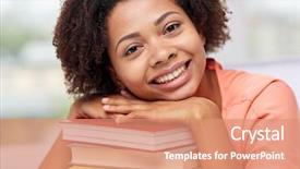  Presentation with knowledge - Beautiful PPT layouts featuring education school knowledge and people concept - happy smiling african american student girl with books sitting at table and dreaming at home backdrop and a coral colored foreground