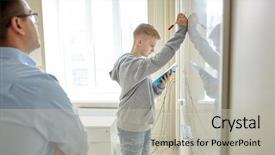  Presentation with student writing teacher - Amazing slides having education school learning and people backdrop and a light gray colored foreground