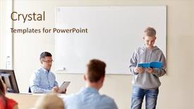  Presentation with examination - Amazing slide set having education school learning examination and people concept - student boy with notebook and teacher in classroom backdrop and a sky blue colored foreground