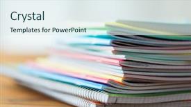  Presentation with education supplies - Beautiful presentation theme featuring education school supplies and object concept - close up of notebooks on wooden table backdrop and a sky blue colored foreground