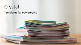  Presentation with education supplies - PPT theme featuring education school supplies and object concept - close up of notebooks on wooden table background and a white colored foreground