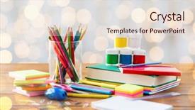  Presentation with art supplies - Audience pleasing PPT theme consisting of education school supplies art creativity backdrop and a  colored foreground