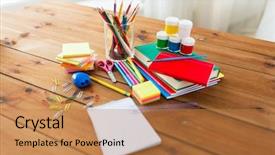  Presentation with art supplies - Theme with education school supplies art creativity background and a coral colored foreground