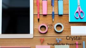  Presentation with art supplies - PPT theme featuring education school supplies art creativity and object concept - close up of stationery and tablet pc computer on wooden table background and a coral colored foreground