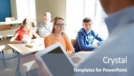  Presentation with technology students - Audience pleasing slides consisting of education school teaching technology and people concept - group of happy students and teacher with tablet pc computer backdrop and a seafoam green colored foreground