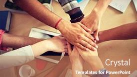  Presentation with teamwork school - Colorful presentation enhanced with education school teamwork and people concept - group of international students with hands on top of each other over table backdrop and a coral colored foreground