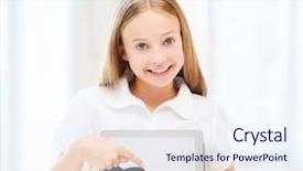  Presentation with school technology - PPT theme with education school technology and internet concept - little student girl with tablet pc at school background and a sky blue colored foreground