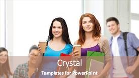  Presentation with school technology - Cool new slide deck with education school technology and people concept - two smiling students with bag folders tablet pc and takeaway coffee standing backdrop and a coral colored foreground