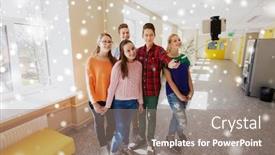  Presentation with technology students - Colorful slide deck enhanced with education school technology and people concept - group of happy smiling students taking picture with smartphone selfie stick in corridor over snow backdrop and a gray colored foreground