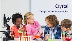  Presentation with kids doing science - Slides enhanced with education science - kids doing a chemical experiment background and a sky blue colored foreground