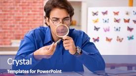  Presentation with student - Presentation theme enhanced with magnifying glass butterfly - student entomologist studying new species background and a ocean colored foreground