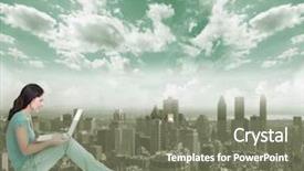  Presentation with computer software - Cool new presentation theme with education software - young woman with laptop computer backdrop and a  colored foreground