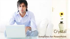  Presentation with laptop - PPT theme having education sunflower - young man home with laptop background and a cream colored foreground