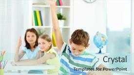  Presentation with classmates - Presentation theme having education tablet - portrait of smart lad background and a sky blue colored foreground