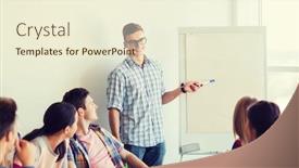  Presentation with education teamwork - Slide set with education teamwork and people concept - smiling students with white board sitting an table indoors background and a cream colored foreground