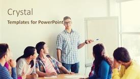  Presentation with education teamwork - PPT layouts enhanced with education teamwork and people concept - smiling students with white board sitting an table indoors background and a cream colored foreground