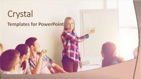  Presentation with education teamwork - Slide deck having education teamwork learning and people concept - group of smiling students with flip board background and a sky blue colored foreground