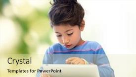  Presentation with green technology - Slide deck featuring education technology and children concept - little student girl with tablet pc over green background background and a blonde colored foreground