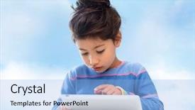  Presentation with technology education - Presentation design with education technology and children concept - little student girl with tablet pc over blue sky background background and a light blue colored foreground