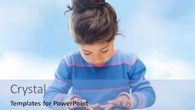  Presentation with technology education - Audience pleasing presentation theme consisting of education technology and children concept - little student girl with tablet pc over blue sky background backdrop and a light blue colored foreground