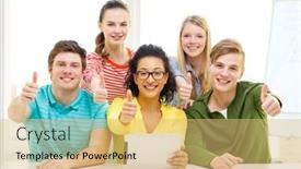  Presentation with education technology - Slide deck featuring education technology and college concept - five smiling students with tablet pc computer at school and showing thumbs up background and a yellow colored foreground