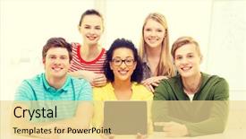  Presentation with technology students - PPT layouts having education technology and college concept - five smiling students showing tablet pc computer blank screen at school background and a blonde colored foreground