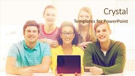  Presentation with school technology - Slide set consisting of education technology and college concept - five smiling students showing tablet pc computer blank screen at school background and a lemonade colored foreground