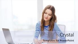  Presentation with technology education - Beautiful PPT theme featuring education technology and home concept - concentrated teenage girl with laptop computer notebook and pen at home backdrop and a light blue colored foreground