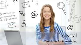  Presentation with education technology - Beautiful presentation theme featuring education technology and home concept - smiling teenage girl with laptop computer notebook and pen at home backdrop and a light blue colored foreground