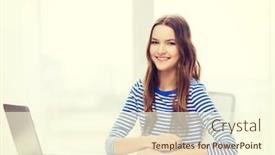  Presentation with technology education - Colorful PPT layouts enhanced with education technology and home concept - smiling teenage girl with laptop computer notebook and pen at home backdrop and a cream colored foreground