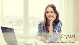  Presentation with education technology - PPT layouts enhanced with education technology and home concept - smiling teenage girl with laptop computer notebook and pen at home background and a cream colored foreground