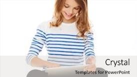  Presentation with technology education - Colorful PPT layouts enhanced with little student girl with tablet backdrop and a light gray colored foreground