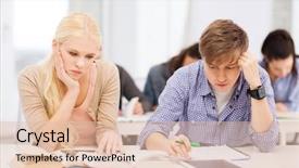  Presentation with technology students - Amazing PPT theme having education technology and internet concept - tired students with tablet pc books and notebooks preparing for exam backdrop and a lemonade colored foreground