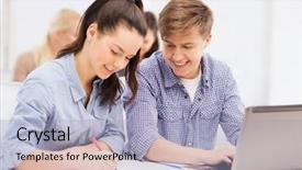  Presentation with technology students - Slide deck having education technology and internet concept - two smiling students with laptop and notebooks at school background and a light blue colored foreground