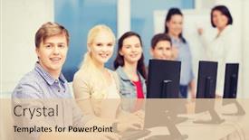  Presentation with school technology - Presentation theme enhanced with education technology and internet concept - students looking at computer monitor at school background and a lemonade colored foreground