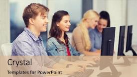  Presentation with technology students - Slide set consisting of online classroom - education technology and internet concept background and a lemonade colored foreground