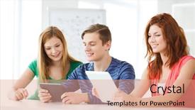  Presentation with school technology - Presentation theme featuring education technology and internet concept - smiling students with tablet pc computers at school background and a coral colored foreground