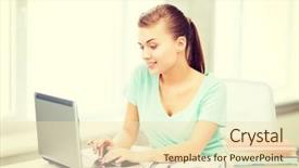  Presentation with technology education - Slides enhanced with woman learning ebook reader - education technology and internet concept background and a lemonade colored foreground