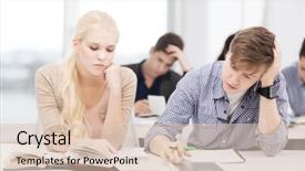  Presentation with technology students - Presentation enhanced with education technology and internet concept - tired students with tablet pc books and notebooks preparing for exam background and a lemonade colored foreground