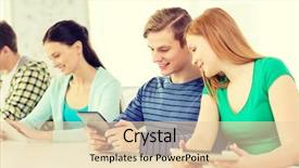  Presentation with technology students - PPT theme featuring education technology and internet concept - smiling students with tablet pc computers at school background and a lemonade colored foreground