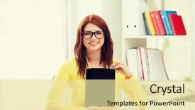  Presentation with school technology - Theme with education technology and internet concept - smiling student girl in eyeglasses with tablet pc at school showing thumbs up background and a blonde colored foreground