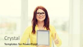  Presentation with school technology - Presentation theme enhanced with education technology and internet concept - smiling student girl in eyeglasses with tablet pc at school showing thumbs up background and a blonde colored foreground