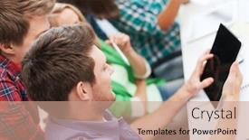  Presentation with technology students - Presentation enhanced with education technology and internet concept - smiling students looking at tablet pc at school background and a coral colored foreground