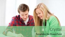  Presentation with school technology - Slide deck consisting of education technology and internet - students looking at tablet pc at school background and a seafoam green colored foreground