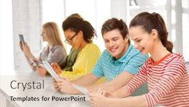  Presentation with technology learning - Audience pleasing slide set consisting of education technology and learning concept - group of happy international high school students or classmates with tablet pc computers backdrop and a lemonade colored foreground