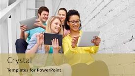  Presentation with technology learning - PPT theme enhanced with education technology and learning concept - group of happy international high school students or classmates with tablet pc computers sitting on stairs background and a yellow colored foreground
