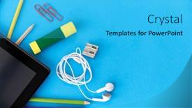  Presentation with education supplies - PPT theme featuring education-technology-and-object-concept background and a cyan colored foreground