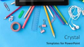  Presentation with education supplies - Beautiful slides featuring education-technology-and-object-concept backdrop and a light blue colored foreground